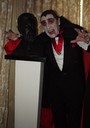 Paddy Finlay RIP as Dracula with a bust of Bram Stoker 